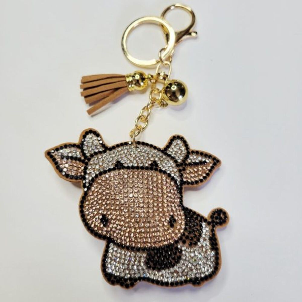 NWT Sparkle Brown Cow Keychain Bag Charm With Tassel And Gold Key ring For Purse